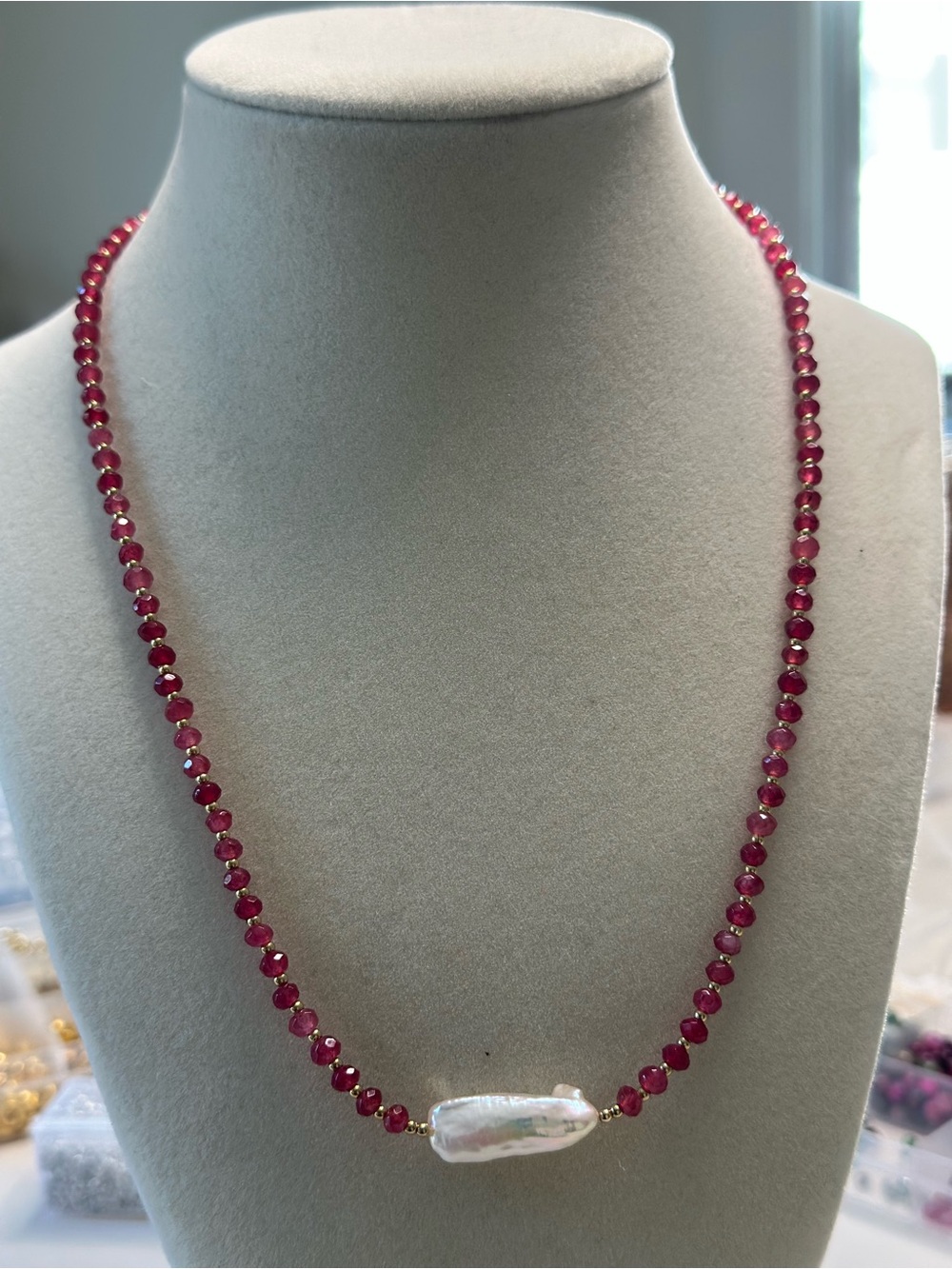 Handmade Ruby Gemstone Bead Necklace with Baroque Pearl - Coastal Chic
